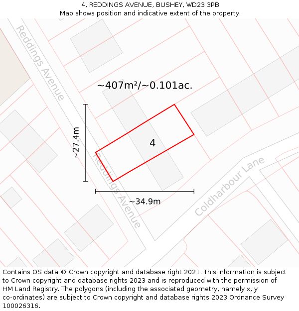 4, REDDINGS AVENUE, BUSHEY, WD23 3PB: Plot and title map