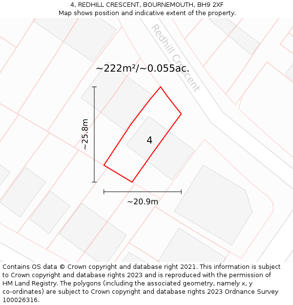 4, REDHILL CRESCENT, BOURNEMOUTH, BH9 2XF: Plot and title map