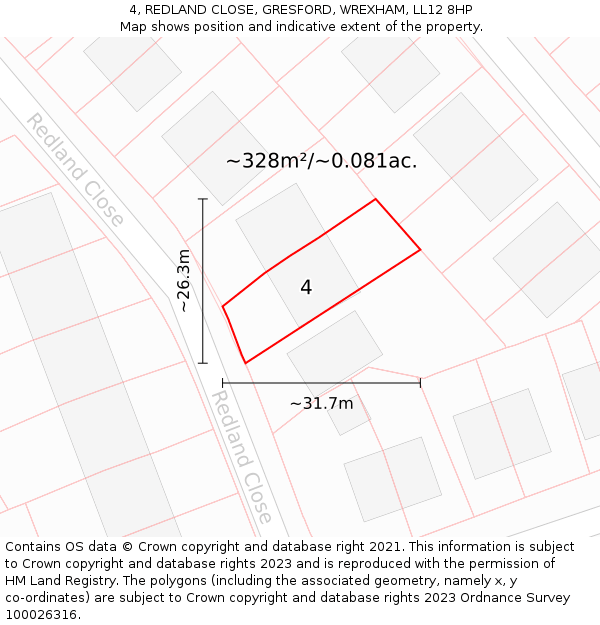 4, REDLAND CLOSE, GRESFORD, WREXHAM, LL12 8HP: Plot and title map