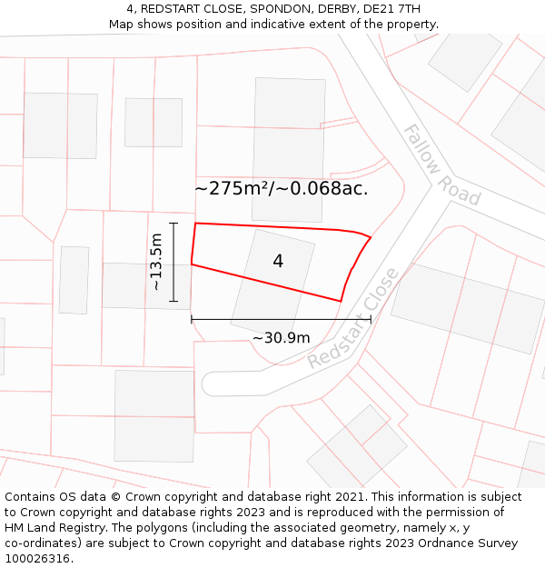 4, REDSTART CLOSE, SPONDON, DERBY, DE21 7TH: Plot and title map