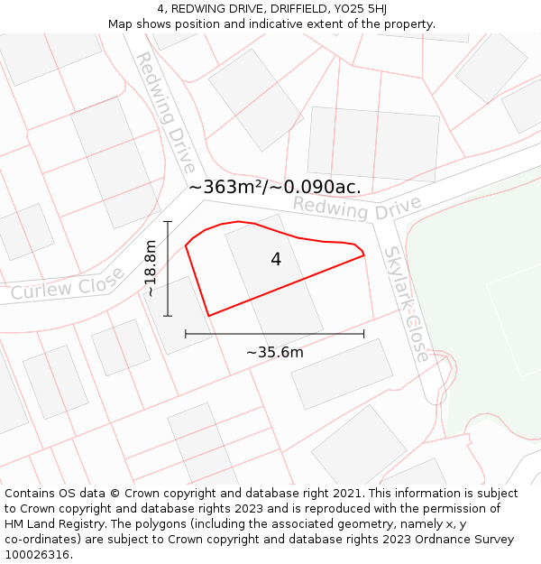 4, REDWING DRIVE, DRIFFIELD, YO25 5HJ: Plot and title map