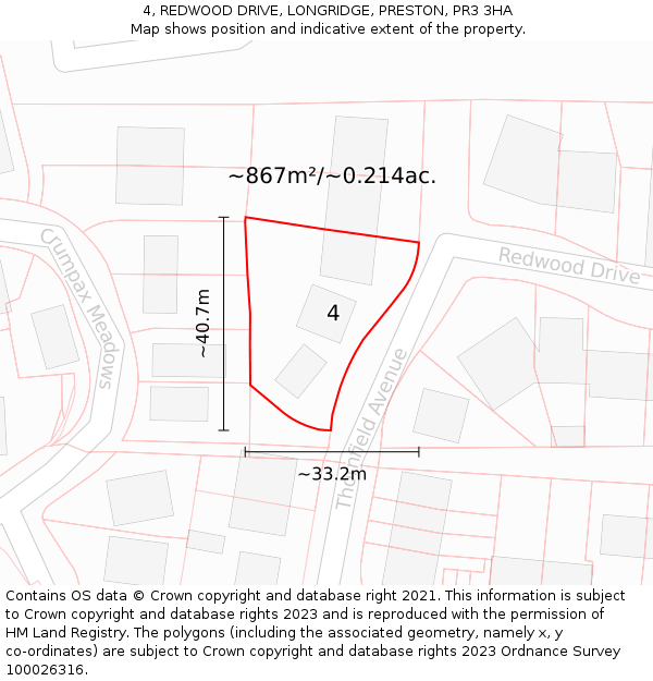 4, REDWOOD DRIVE, LONGRIDGE, PRESTON, PR3 3HA: Plot and title map