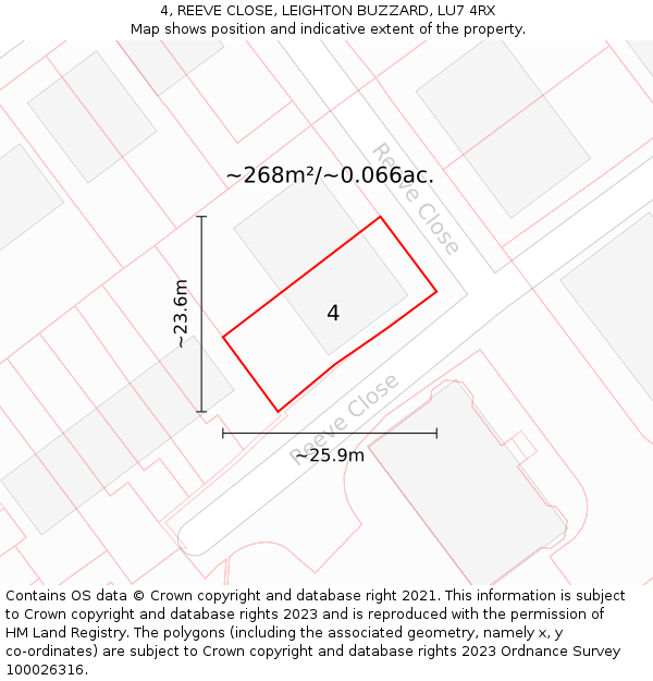 4, REEVE CLOSE, LEIGHTON BUZZARD, LU7 4RX: Plot and title map