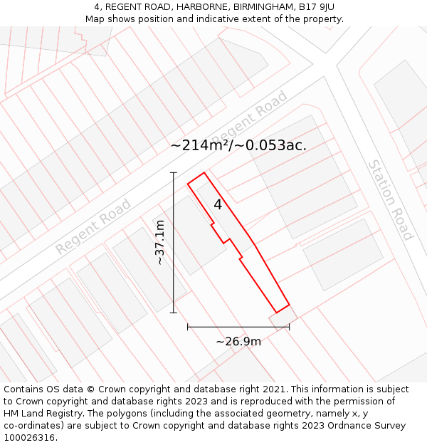 4, REGENT ROAD, HARBORNE, BIRMINGHAM, B17 9JU: Plot and title map