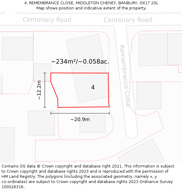 4, REMEMBRANCE CLOSE, MIDDLETON CHENEY, BANBURY, OX17 2SL: Plot and title map