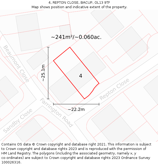 4, REPTON CLOSE, BACUP, OL13 9TF: Plot and title map