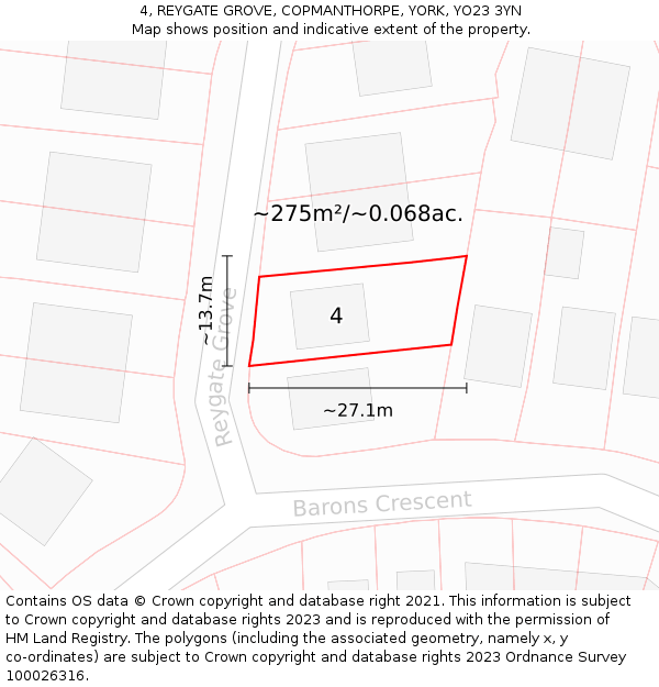 4, REYGATE GROVE, COPMANTHORPE, YORK, YO23 3YN: Plot and title map