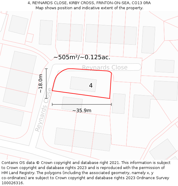 4, REYNARDS CLOSE, KIRBY CROSS, FRINTON-ON-SEA, CO13 0RA: Plot and title map