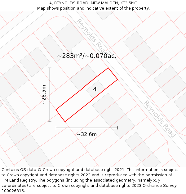 4, REYNOLDS ROAD, NEW MALDEN, KT3 5NG: Plot and title map