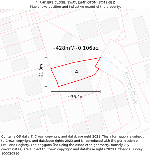 4, RHINERS CLOSE, SWAY, LYMINGTON, SO41 6BZ: Plot and title map