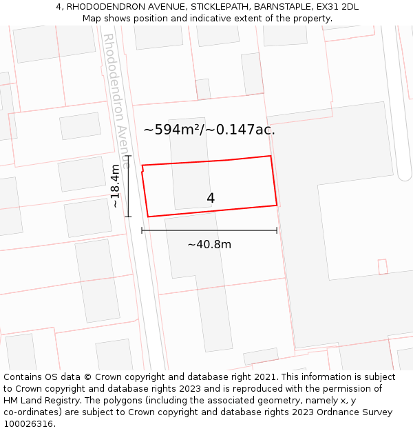 4, RHODODENDRON AVENUE, STICKLEPATH, BARNSTAPLE, EX31 2DL: Plot and title map