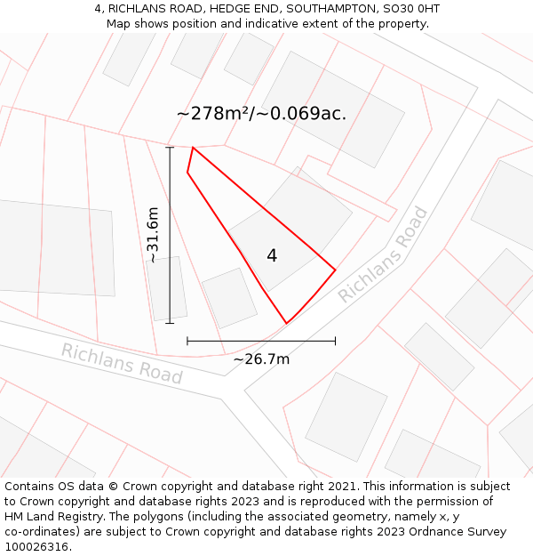 4, RICHLANS ROAD, HEDGE END, SOUTHAMPTON, SO30 0HT: Plot and title map