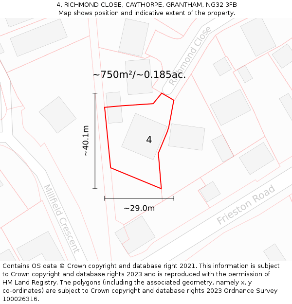 4, RICHMOND CLOSE, CAYTHORPE, GRANTHAM, NG32 3FB: Plot and title map