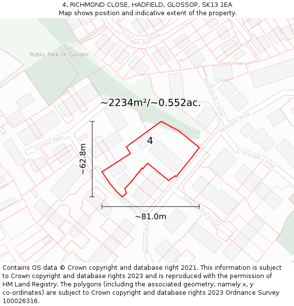4, RICHMOND CLOSE, HADFIELD, GLOSSOP, SK13 1EA: Plot and title map