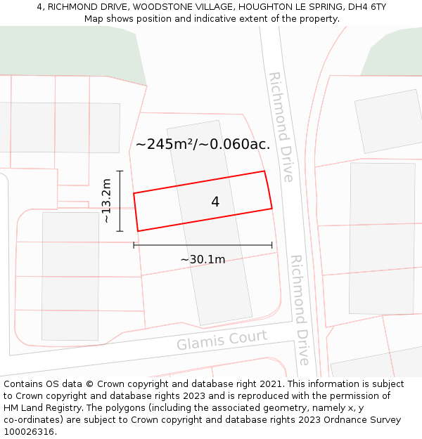 4, RICHMOND DRIVE, WOODSTONE VILLAGE, HOUGHTON LE SPRING, DH4 6TY: Plot and title map