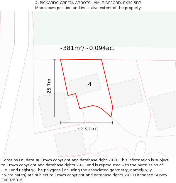 4, RICKARDS GREEN, ABBOTSHAM, BIDEFORD, EX39 5BB: Plot and title map