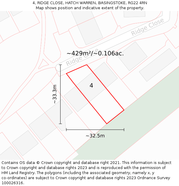 4, RIDGE CLOSE, HATCH WARREN, BASINGSTOKE, RG22 4RN: Plot and title map