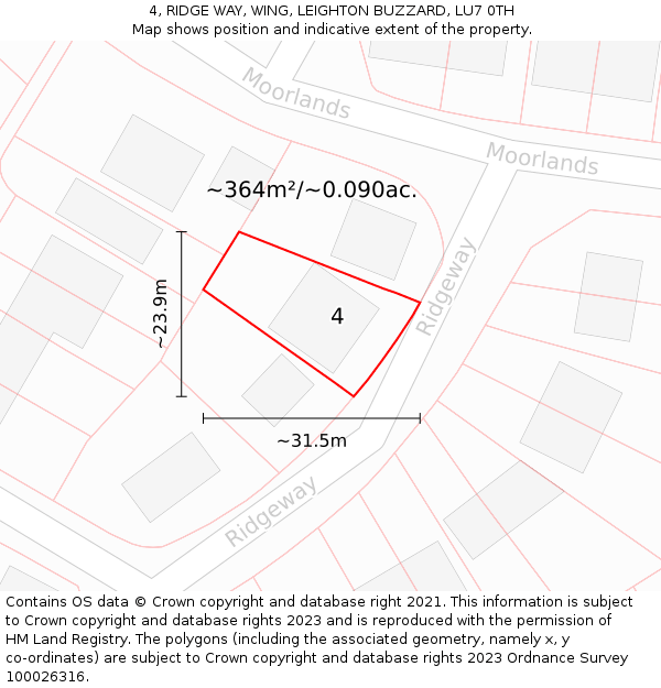 4, RIDGE WAY, WING, LEIGHTON BUZZARD, LU7 0TH: Plot and title map