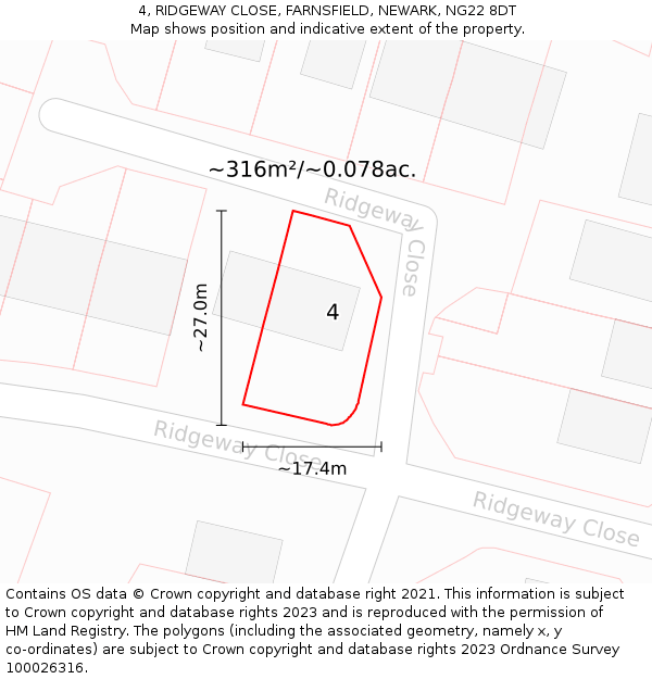 4, RIDGEWAY CLOSE, FARNSFIELD, NEWARK, NG22 8DT: Plot and title map