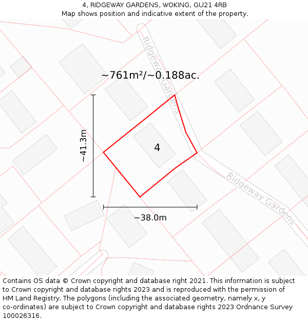 4, RIDGEWAY GARDENS, WOKING, GU21 4RB: Plot and title map