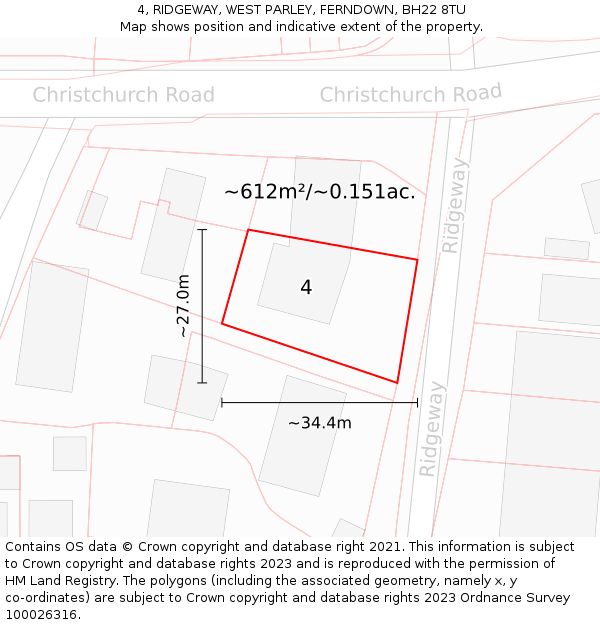 4, RIDGEWAY, WEST PARLEY, FERNDOWN, BH22 8TU: Plot and title map
