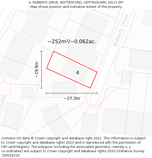 4, ROBERTS DRIVE, BOTTESFORD, NOTTINGHAM, NG13 0FT: Plot and title map