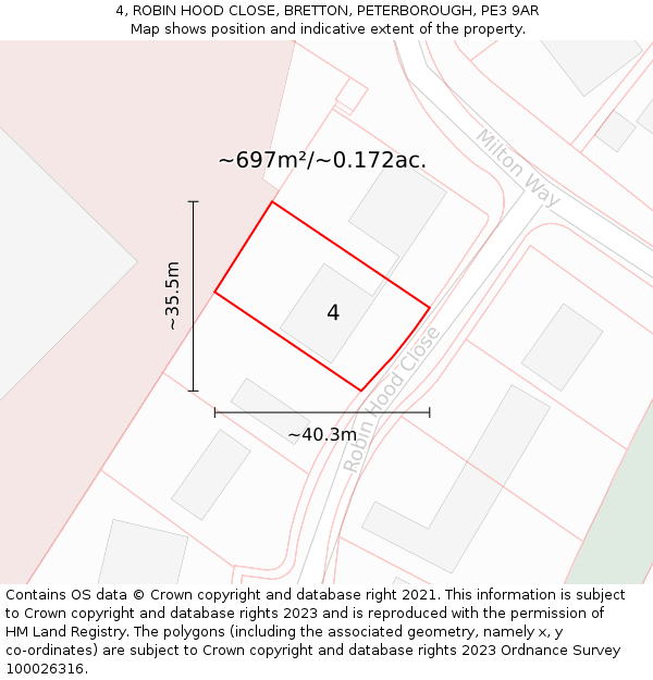 4, ROBIN HOOD CLOSE, BRETTON, PETERBOROUGH, PE3 9AR: Plot and title map