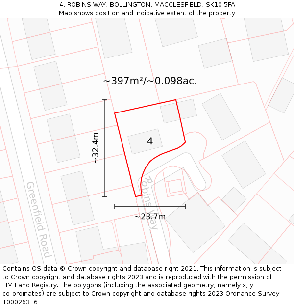 4, ROBINS WAY, BOLLINGTON, MACCLESFIELD, SK10 5FA: Plot and title map
