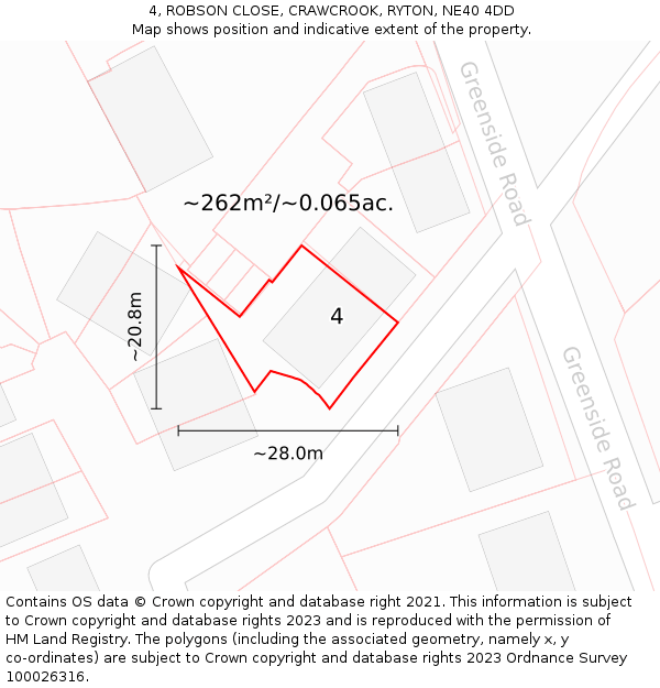 4, ROBSON CLOSE, CRAWCROOK, RYTON, NE40 4DD: Plot and title map