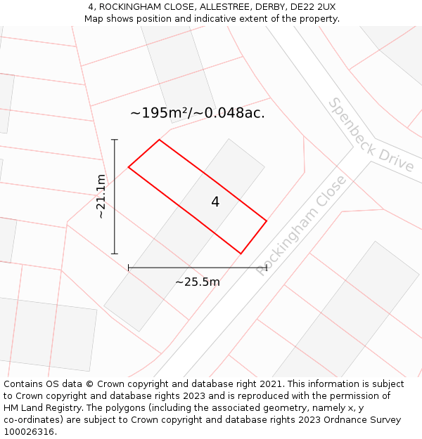 4, ROCKINGHAM CLOSE, ALLESTREE, DERBY, DE22 2UX: Plot and title map