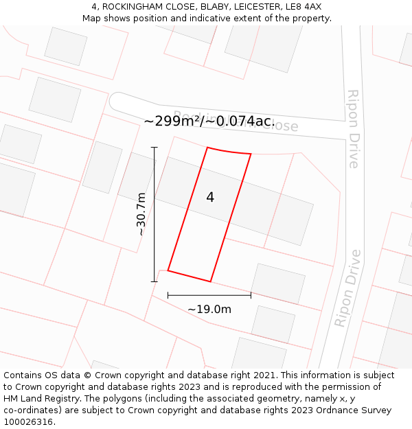 4, ROCKINGHAM CLOSE, BLABY, LEICESTER, LE8 4AX: Plot and title map