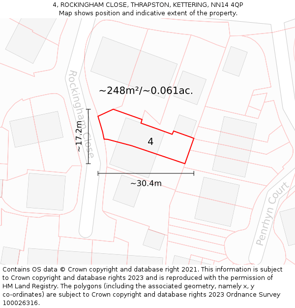 4, ROCKINGHAM CLOSE, THRAPSTON, KETTERING, NN14 4QP: Plot and title map