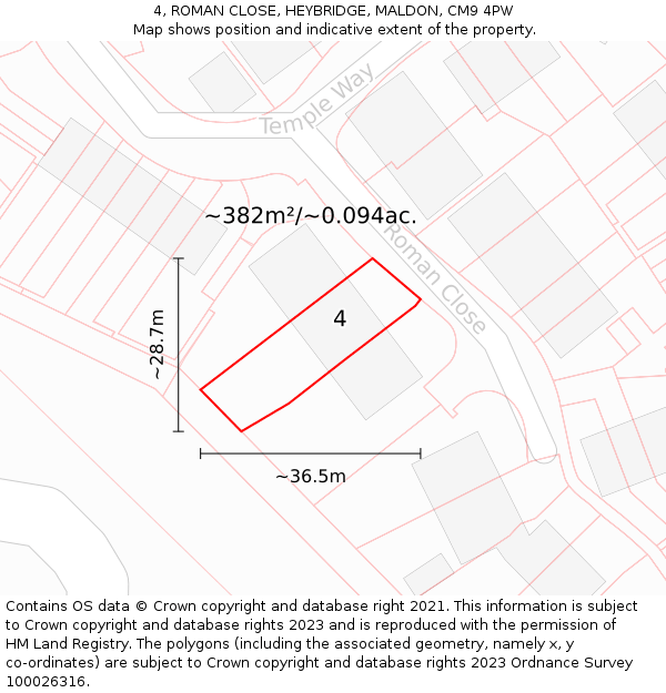4, ROMAN CLOSE, HEYBRIDGE, MALDON, CM9 4PW: Plot and title map