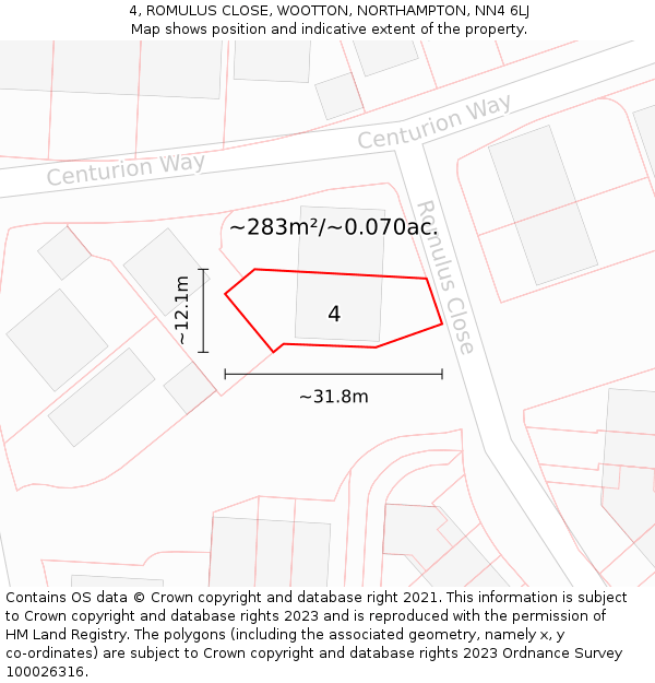 4, ROMULUS CLOSE, WOOTTON, NORTHAMPTON, NN4 6LJ: Plot and title map