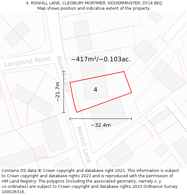 4, RONHILL LANE, CLEOBURY MORTIMER, KIDDERMINSTER, DY14 8EQ: Plot and title map