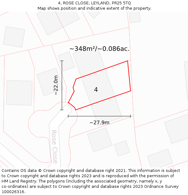 4, ROSE CLOSE, LEYLAND, PR25 5TQ: Plot and title map