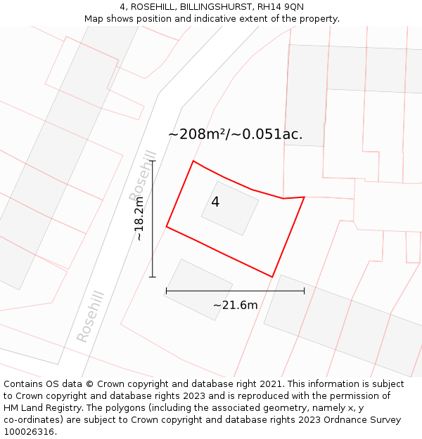 4, ROSEHILL, BILLINGSHURST, RH14 9QN: Plot and title map