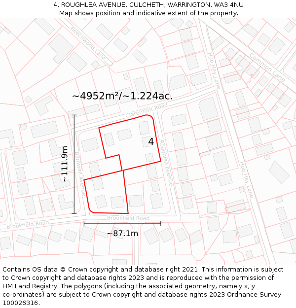 4, ROUGHLEA AVENUE, CULCHETH, WARRINGTON, WA3 4NU: Plot and title map