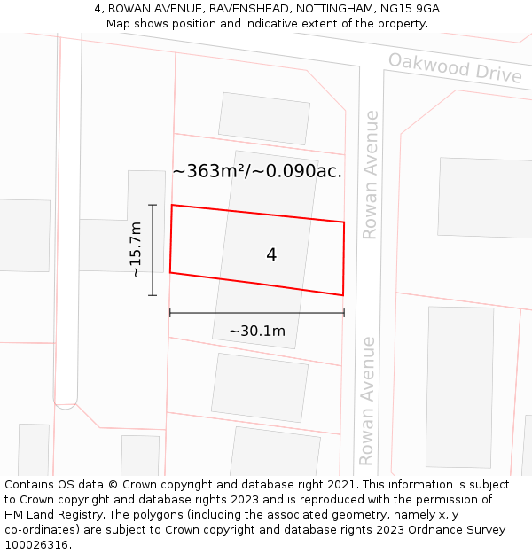 4, ROWAN AVENUE, RAVENSHEAD, NOTTINGHAM, NG15 9GA: Plot and title map