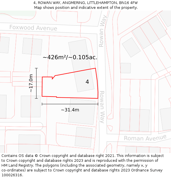 4, ROWAN WAY, ANGMERING, LITTLEHAMPTON, BN16 4FW: Plot and title map