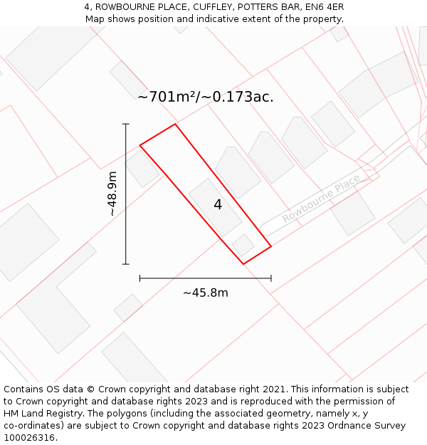 4, ROWBOURNE PLACE, CUFFLEY, POTTERS BAR, EN6 4ER: Plot and title map