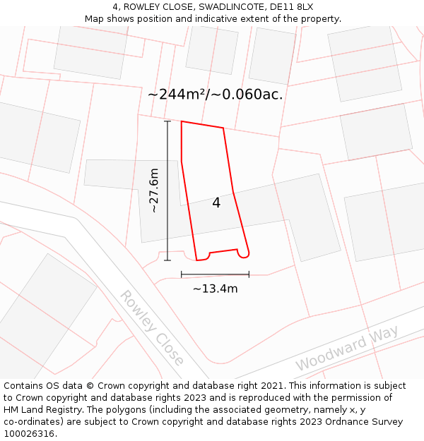 4, ROWLEY CLOSE, SWADLINCOTE, DE11 8LX: Plot and title map