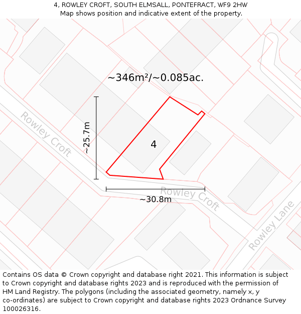 4, ROWLEY CROFT, SOUTH ELMSALL, PONTEFRACT, WF9 2HW: Plot and title map