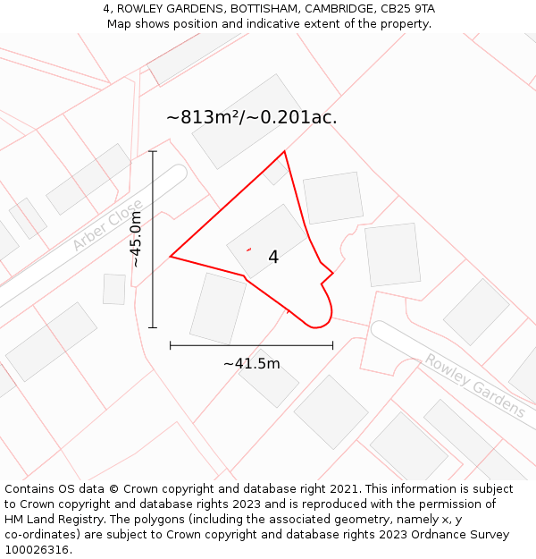 4, ROWLEY GARDENS, BOTTISHAM, CAMBRIDGE, CB25 9TA: Plot and title map