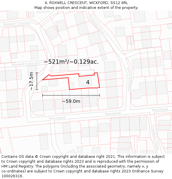 4, ROXWELL CRESCENT, WICKFORD, SS12 9RL: Plot and title map