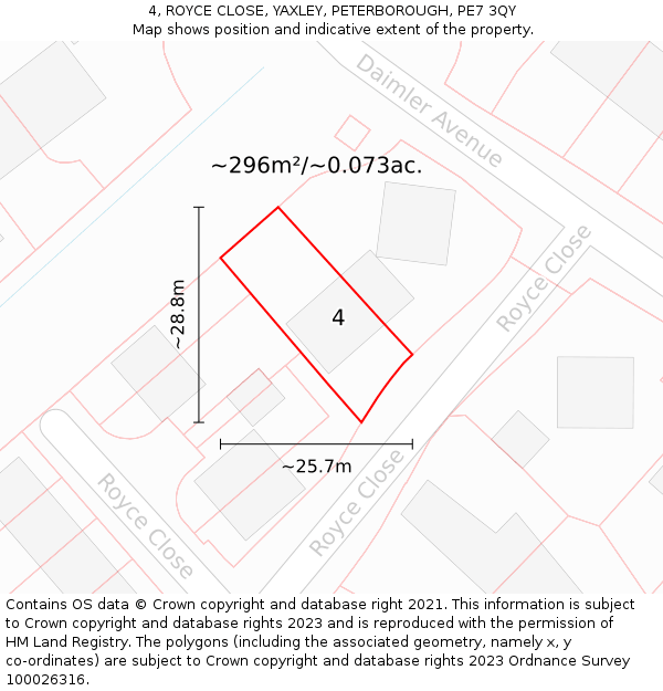 4, ROYCE CLOSE, YAXLEY, PETERBOROUGH, PE7 3QY: Plot and title map