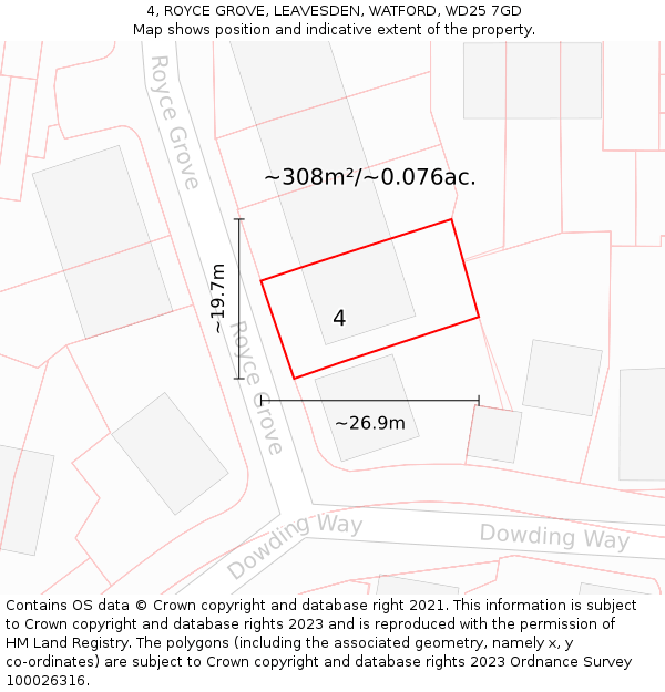 4, ROYCE GROVE, LEAVESDEN, WATFORD, WD25 7GD: Plot and title map