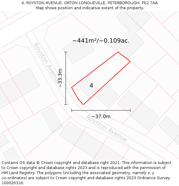 4, ROYSTON AVENUE, ORTON LONGUEVILLE, PETERBOROUGH, PE2 7AA: Plot and title map