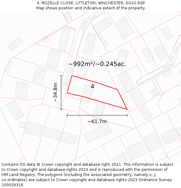 4, ROZELLE CLOSE, LITTLETON, WINCHESTER, SO22 6QP: Plot and title map