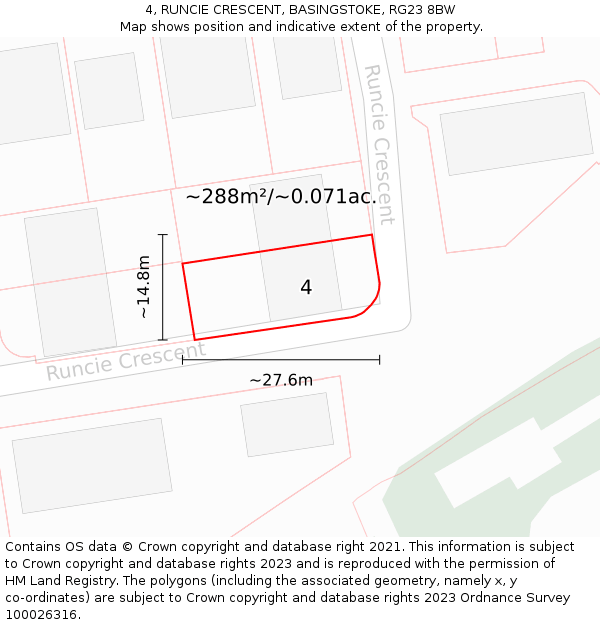 4, RUNCIE CRESCENT, BASINGSTOKE, RG23 8BW: Plot and title map
